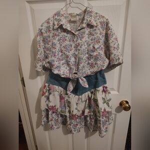 Floral Denim Skirt with Pink And Blue Flowers